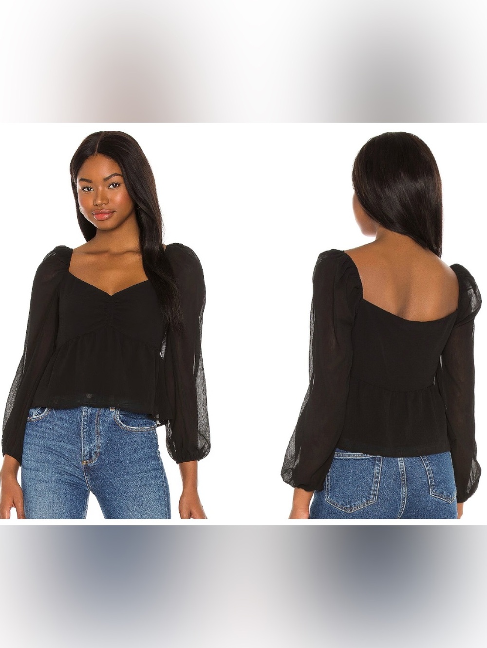 ASTR the Label Sheer Balloon Long Sleeve Sweetheart Neck Black Top Size Sm